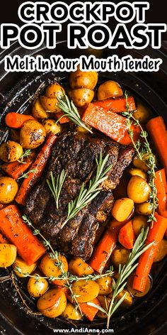 a pot roast with carrots, potatoes and rosemary garnish on the side