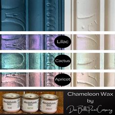 four different colors of paint with the words chamelon wax on them