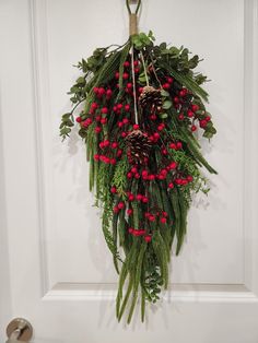 a wreath hanging on the front door decorated with berries and pineconis for christmas