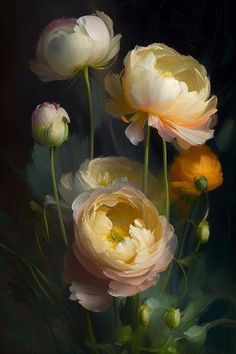 an oil painting of white and yellow flowers