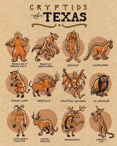 an old poster with some different types of animals and their names in black on brown paper