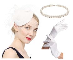 PRICES MAY VARY. This Set Including: One Hat,One Pearl Necklace,And One Pair white Gloves This fascinator is easy to wear with an alligator clip to secure to the hair,Vintage british style fascinator base pillbox hat for women One size fits all. Measures 6.25 inches across and approximately 1.5 inches high.Note About Size: this is a tiny fascinator which is not big enough to cover the whole of your head ,Note About Color: Item color displayed in photos may be showing slightly different on your c Fitted White Costume Accessories For Party, Elegant White Costume Hat As Gift, One Pearl Necklace, Veiled Hats, Fascinator Headband, Pillbox Hat, Fascinator Hats, White Gloves, Pill Boxes