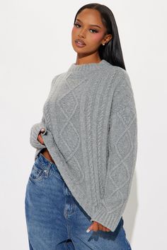 Available In Grey. Pullover Sweater Cable Knit Detail Long Sleeve Crew Neck Ribbed Hem Self: 97% Polyester 3% Spandex Imported | Winter Nights Cable Knit Sweater in Grey size Medium by Fashion Nova Cable Knit Crew Neck Sweater For Loungewear, Cable Knit Sweater For Loungewear, Gray Knitted Sweater For Loungewear, Sweater Jumpsuit, Grey Knit Sweater, Winter Nights, Winter Sweatshirt, Grey Pullover, Women Hoodies Sweatshirts