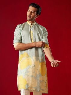 SHVAAS By VASTRAMAY Men's Multicolor Base Yellow cotton Printed Kurta Yellow Cotton Silk Kurta For Spring, Spring Yellow Cotton Silk Kurta, Fitted Cotton Silk Kurta For Summer, Yellow Casual Kurta For Festive Occasion, Casual Multicolor Kurta For Festive Season, Casual Yellow Kurta For Festive Season, Casual Yellow Kurta For Eid, Long Sleeve Cotton Silk Kurta For Summer, Casual Yellow Straight Kurta