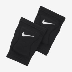 pair of black knee pads with white nike logo on the front and side panels, both showing