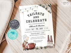 an image of a wedding card with footballs and beer on the table next to it