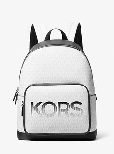 Conquer the day in style with our Cooper backpack. Made from Signature logo-print canvas and defined by bold “KORS” lettering on the front pocket, it features contrasting trim, zip fastenings to keep items safely stored, and an exterior compartment for your most-used essentials. Back To School Travel Bags With Logo Patch, Canvas Travel Bags With Logo Patch, White Letter Print Standard Backpack, Functional Bags With Logo Print, Functional Everyday Bags With Logo Print, Functional Logo Print Bag, White Canvas Backpack For Back To School, Back To School Standard Backpack With Logo Patch, Embroidered Logo Travel Bags For Back To School