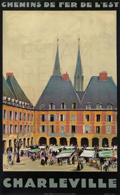 an old french poster shows people walking in front of some buildings with spires on top