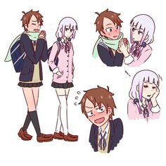 some anime characters with different expressions on their faces and clothes, one is wearing a scarf