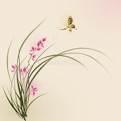 a vase with pink flowers and a butterfly flying over it on a white wall background