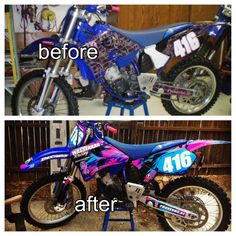 before and after photos of a dirt bike with pink, blue and purple graphics on it