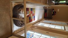 a cat in a cage on top of a shelf next to other shelves and windows