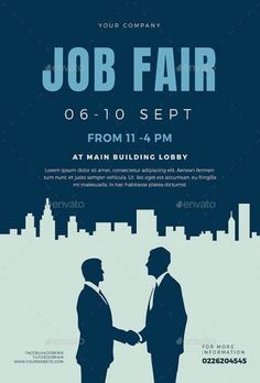 two men shaking hands in front of a cityscape with the words job fair on it