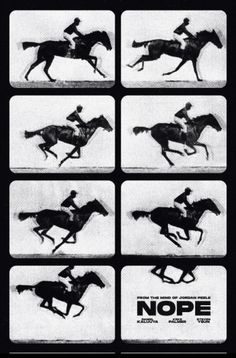 black and white photograph of jockeys on their horses in various positions, from left to right