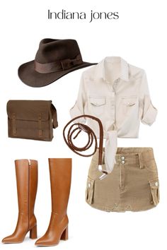 the indiana jones outfit is shown with boots, hat and handbag on it's shoulder