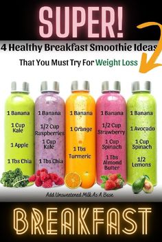 an ad for breakfast with the words super and four different types of smoothie drinks