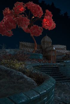 a tree with red flowers on it next to some steps