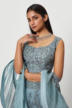 Shop for Rishi and Soujit Blue Organza Swarovski Embroidered Lehenga Set for Women Online at Aza Fashions Elegant Sleeveless Blue Lehenga, Elegant Blue Anarkali Set With Unstitched Blouse, Elegant Blue Wedding Choli, Cancan Lehenga, Cutwork Blouse, Organza Embroidery, Blue Organza, Blouse Back, Padded Blouse