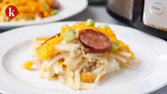 two white plates topped with food next to an instant pressure cooker