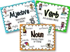 three posters with words and pictures on them, including an ad - active verb word