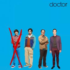 three men standing in front of a blue background with the words doctor on it and one man holding a pair of scissors