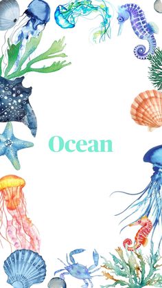 an ocean scene with jellyfish, starfish and other sea creatures in watercolor