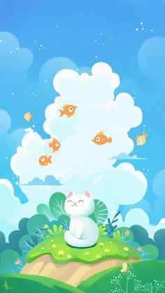 a cat sitting on top of a lush green field under a blue sky with goldfish