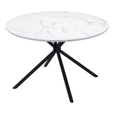 a white table with black legs and a round marble top on an isolated pedestal, viewed from the front