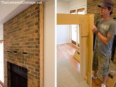 a man standing in front of a brick fireplace next to another man holding a piece of wood