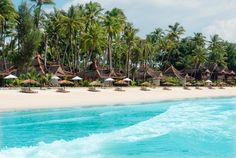 the beach is lined with umbrellas and lounge chairs on it's sides, while palm trees are in the background