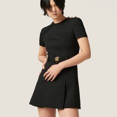 Straight fit Lined Round neck Side zipper closure with hook Three-dimensional logo on the buckle closure Short sleeves Chanel Loafers, Embroidered Denim, Tulle Dress, Dresses For Women, Cashmere Sweaters, Dress Collection, Miu Miu, Online Boutique, Three Dimensional