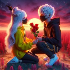 two people sitting on the ground in front of a sunset and one is holding a rose