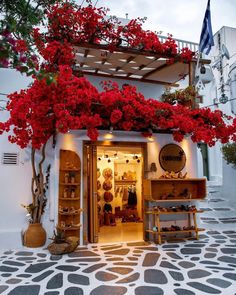 a store with red flowers growing over it's front door and shelves on the outside