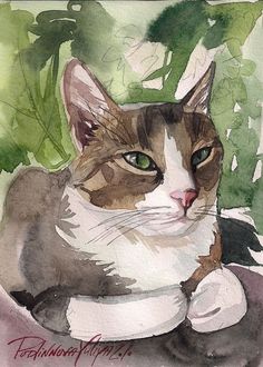 a watercolor painting of a cat sitting on the ground in front of some plants