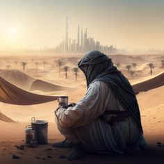 a man sitting on top of a desert next to a bucket