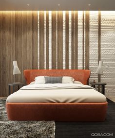 a modern bedroom with an orange upholstered bed and rugs on the floor