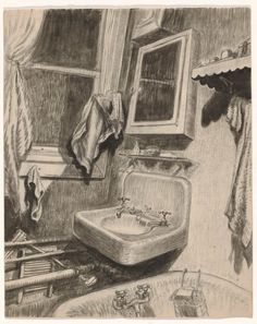 a drawing of a sink and mirror in a room with clothes hanging on the wall