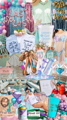 a collage of photos with balloons and other items in the shape of mermaids