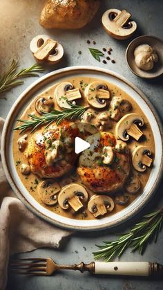 a plate filled with chicken and mushrooms on top of a table