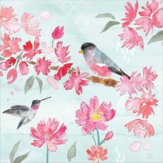 two birds sitting on top of pink flowers