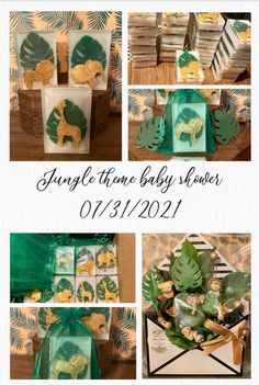 the jungle theme baby shower is shown in green and gold colors, including leaves, animals, and other decorations