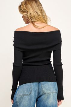 Off shoulder long sleeve slim sweater 90% viscose 10% nylon Black Ribbed Long Sleeve Top For Winter, Chic Long Sleeve Tops With Ribbed Cuffs, Fitted Ribbed Off-shoulder Sweater, Ribbed Off-shoulder Fitted Sweater, Black Long Sleeve Fine Knit Top, Black Ribbed Sweatshirt For Fall, Black Fine Knit Long Sleeve Tops, Black Long Sleeve Top For Winter Layering, Black Stretch Long Sleeve Top For Winter