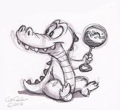 a drawing of a cartoon alligator holding a wine glass and a ball in it's hand