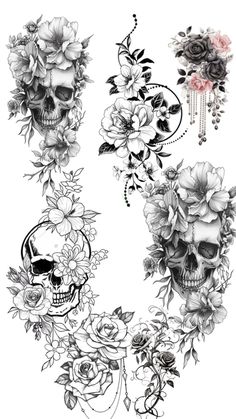 some flowers and skulls on a white background