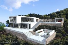 an artist's rendering of a modern house on top of a cliff