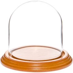 a wooden base with a glass dome on it's top, and a white background