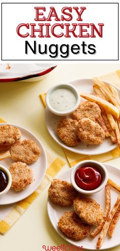 chicken nuggets with ketchup and french fries on white plates next to dipping sauce