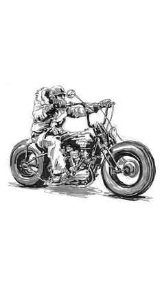 a black and white drawing of a man on a motorcycle