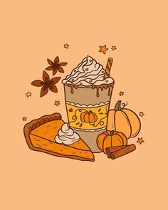 Fall☕️🍁🍂 Fall Autumn Illustration, Fall Cute Drawings, Hello Autumn Illustration, Cozy Autumn Aesthetic Wallpaper, Cute Fall Drawings, Widgets Fall, Autumn Aesthetic Pumpkin, Fall Illustrations, Cartoon Autumn