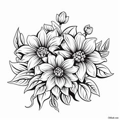 a black and white drawing of flowers with leaves on the bottom half of their petals